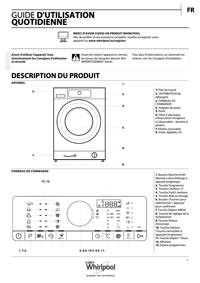 Page 1 de la notice Manuel utilisateur Whirlpool FSCR 90410