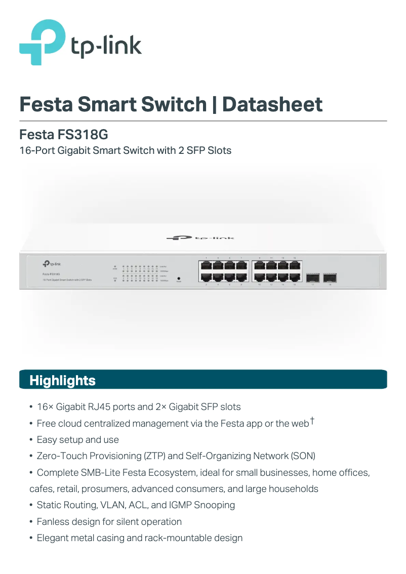 Page 1 de la notice Fiche technique TP-Link Festa FS318G