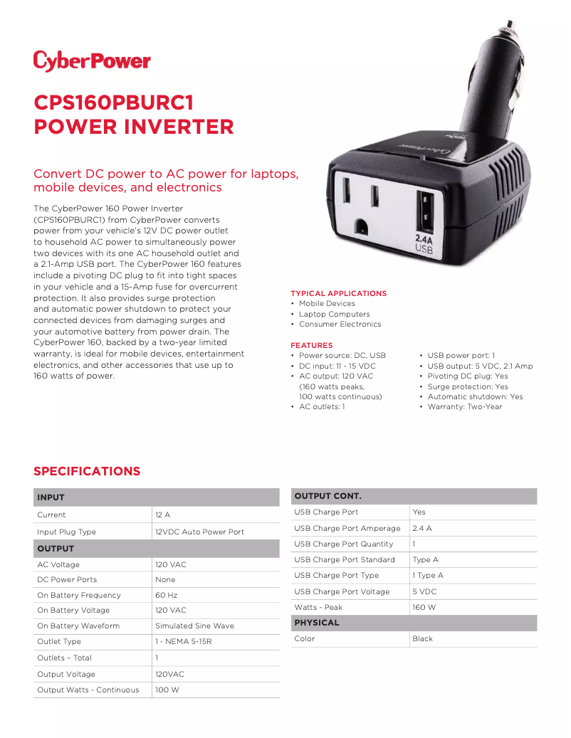 Page n°1 - Fiche technique CyberPower CPS160PBURC1