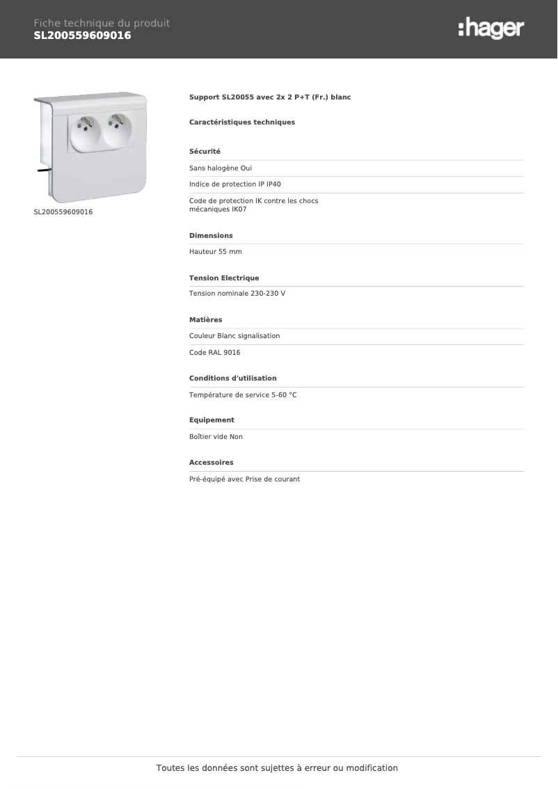 Page 1 de la notice Fiche technique Hager SL200559609016