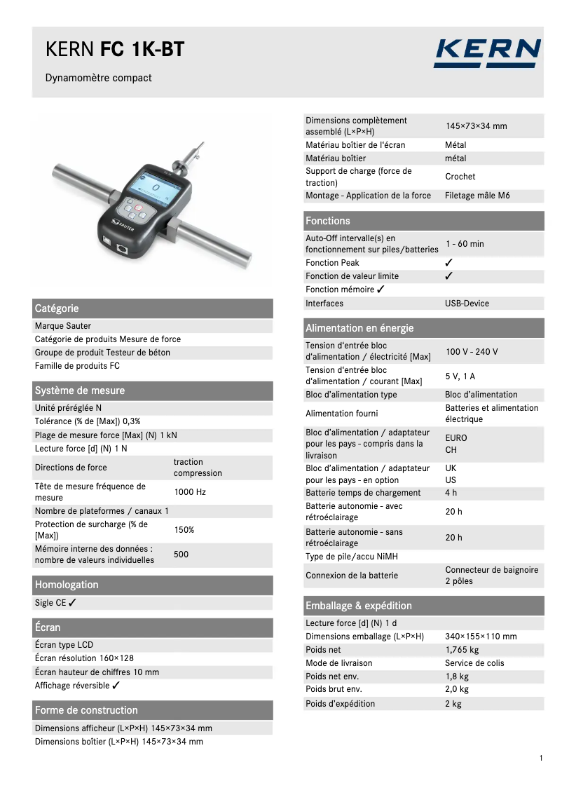 Página 1 del manual Ficha técnica Sauter FC 1K-BT