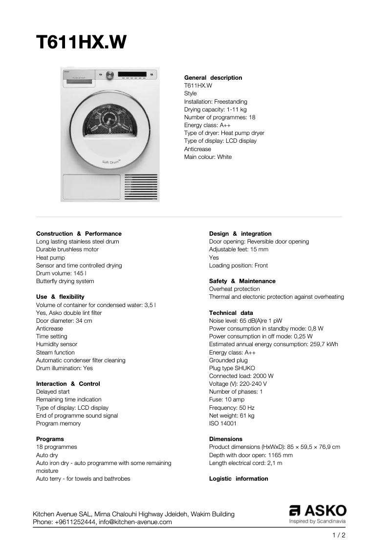 Page 1 de la notice Fiche technique Asko T611HX