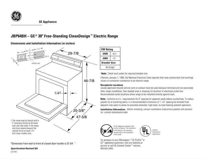 Page 1 of the manual Technical Sheet GE JBP64BHCT