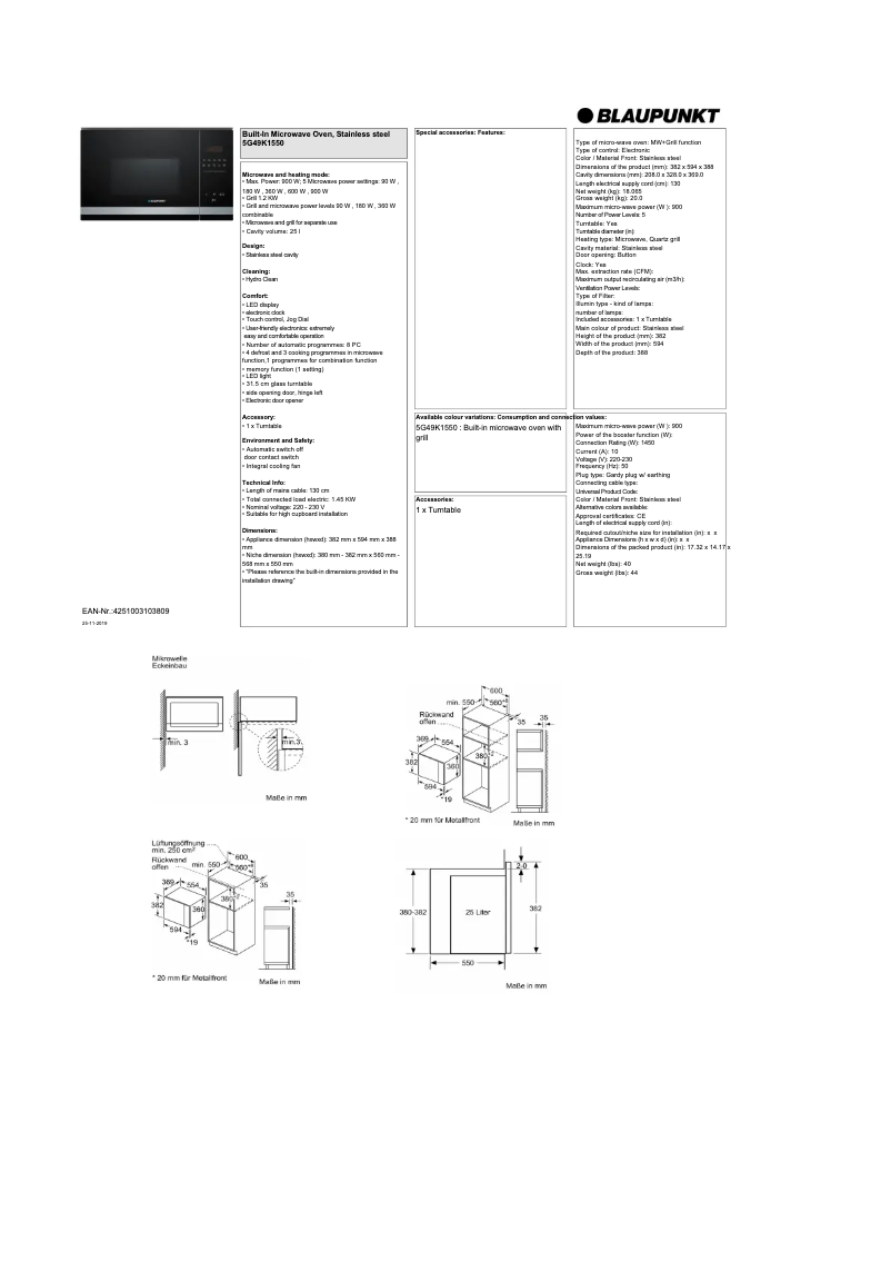 Page 1 de la notice Fiche technique Blaupunkt 5G49K1550