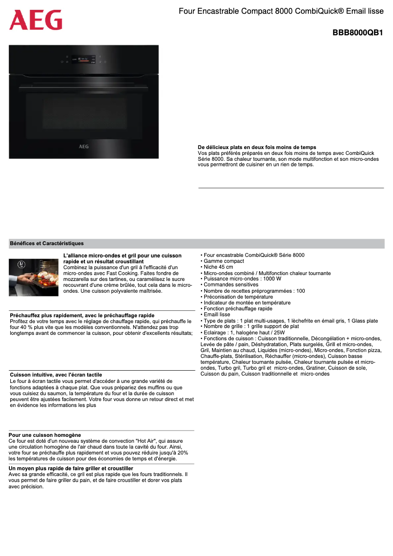 Page 1 de la notice Fiche technique AEG BBB8000QB1