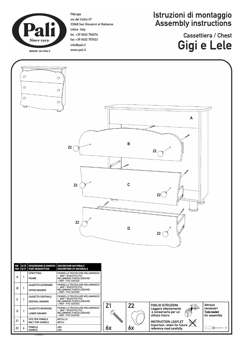 Page 1 de la notice Manuel utilisateur Pali Gigi e Lele