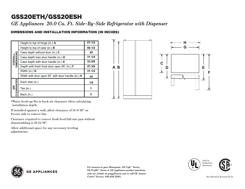 Página 1 del manual Ficha técnica GE GSS20ESHSS