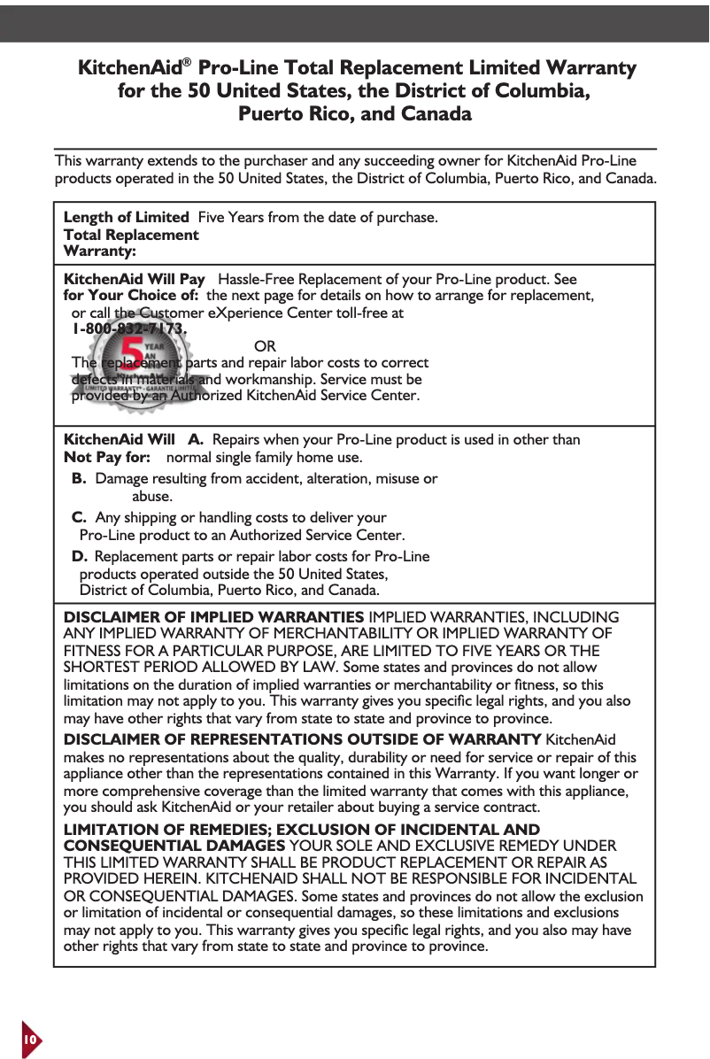 Página 1 del manual Información de garantía KitchenAid Pro Line KEK1522