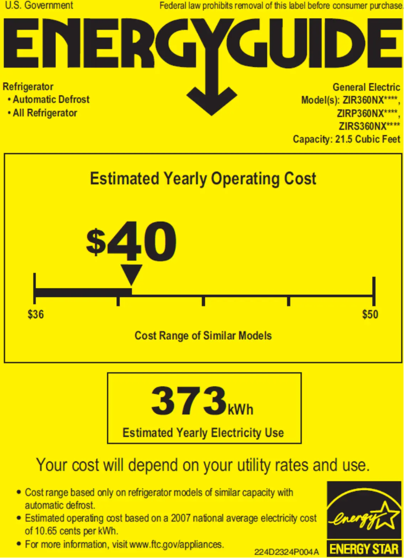 Página 1 del manual Etiqueta energética GE ZIR360NXLH