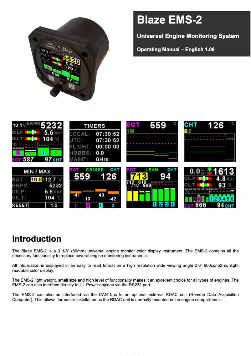 Page 1 de la notice Manuel utilisateur MGL Avionics Blaze EMS-2