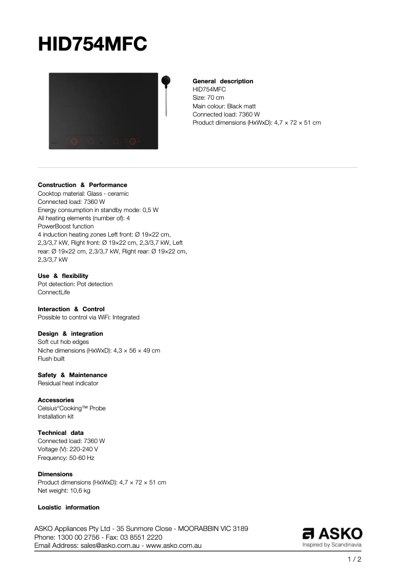 Page n°1 - Fiche technique Asko HID754MFC