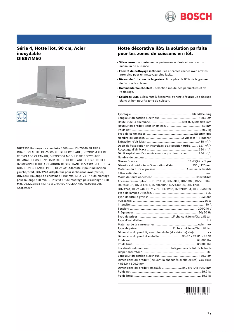 Page 1 de la notice Fiche technique Bosch DIB97IM50