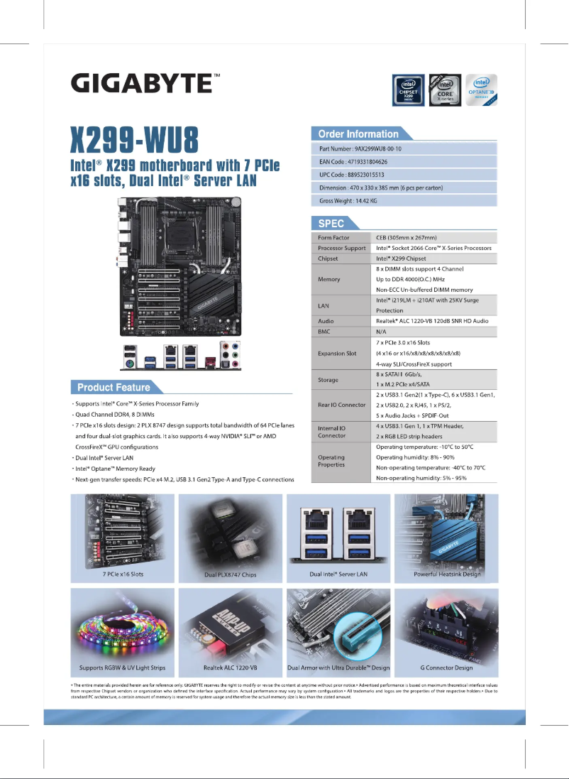 Page 1 de la notice Fiche technique Gigabyte X299-WU8