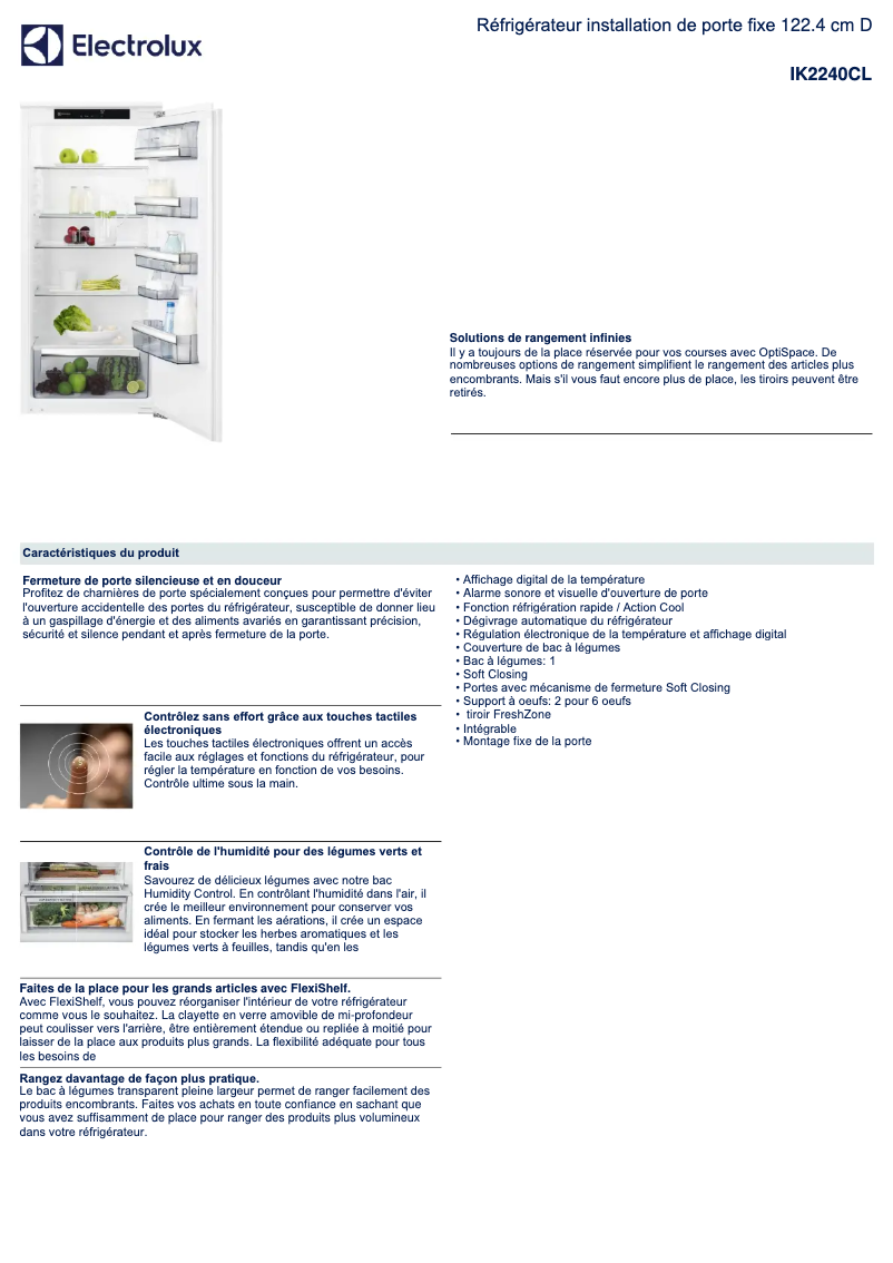 Page 1 de la notice Fiche technique Electrolux IK2240CL