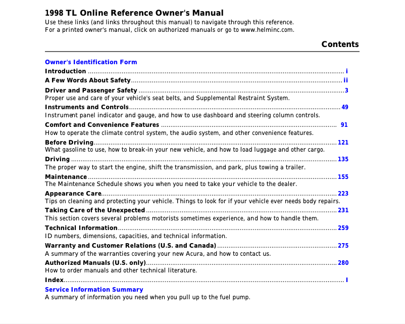Page 1 de la notice Manuel utilisateur Acura TL (1998)