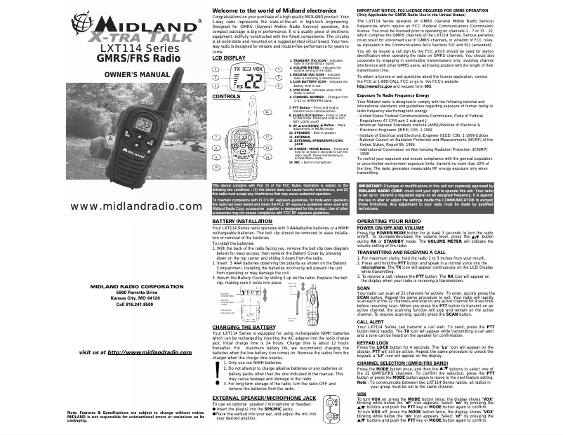 Page 1 de la notice Manuel utilisateur Midland LXT114