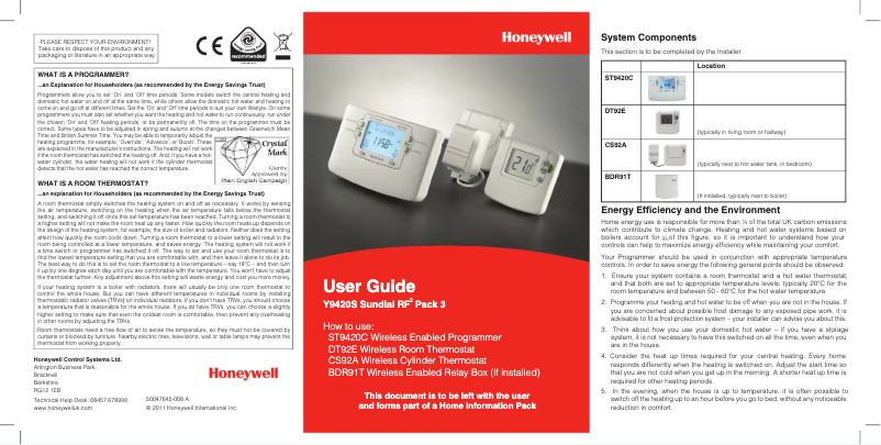 Page n°1 - Manuel utilisateur Honeywell ST9420C