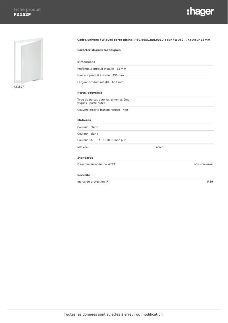 Page 1 de la notice Manuel utilisateur Hager FZ152F