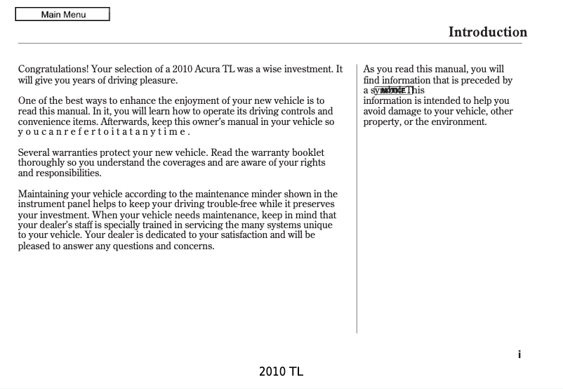 Page 1 de la notice Manuel utilisateur Acura TL (2010)