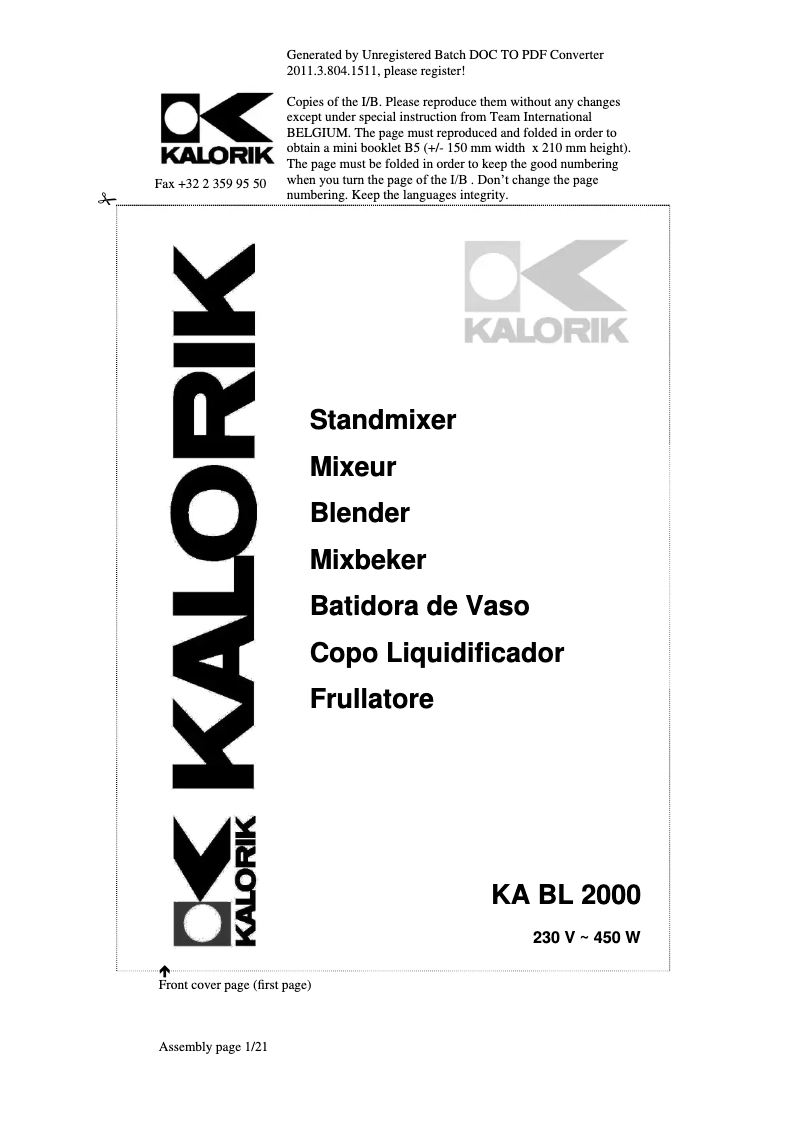 Page 1 de la notice Manuel utilisateur Kalorik KA BL 2000