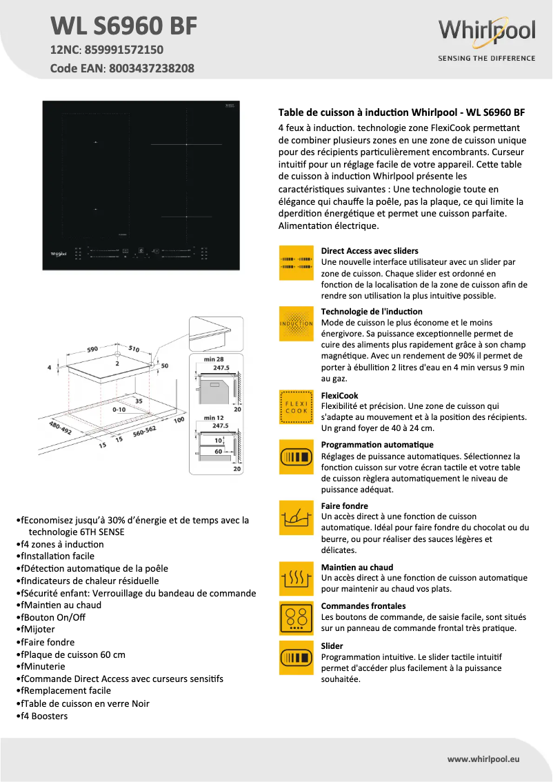 Page 1 de la notice Fiche technique Whirlpool WL S6960 BF