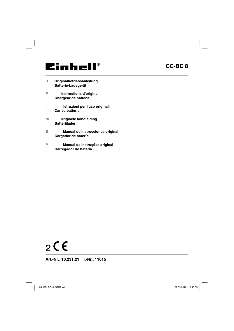 Page n°1 - Manuel utilisateur Einhell CC-BC 8