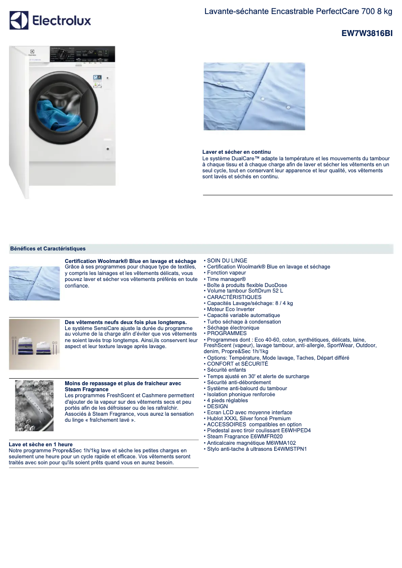 Page 1 de la notice Fiche technique Electrolux EW7W3816BI