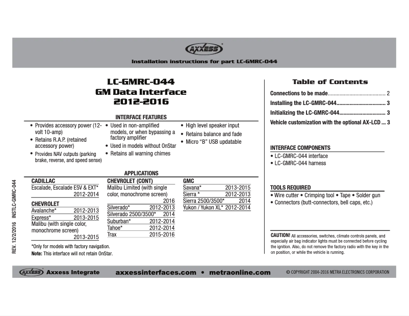 Page n°1 - Manuel utilisateur Metra Axxess LC-GMRC-044