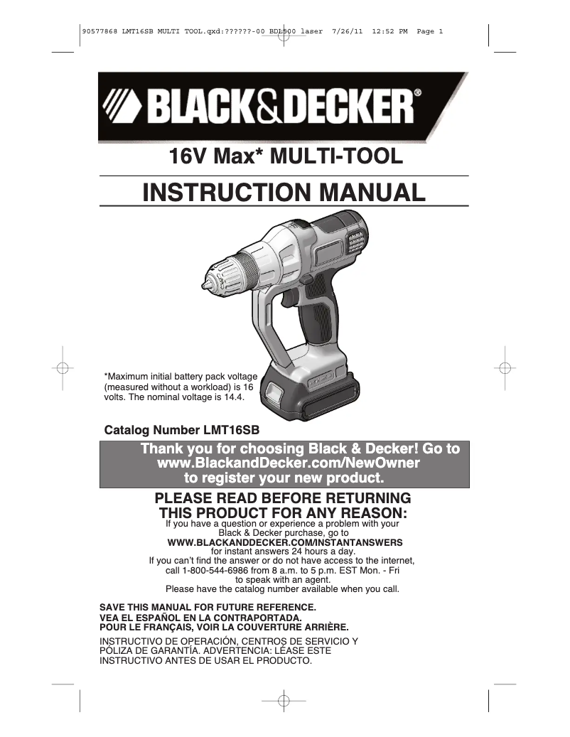 Page 1 de la notice Manuel utilisateur Black & Decker LMT16SB