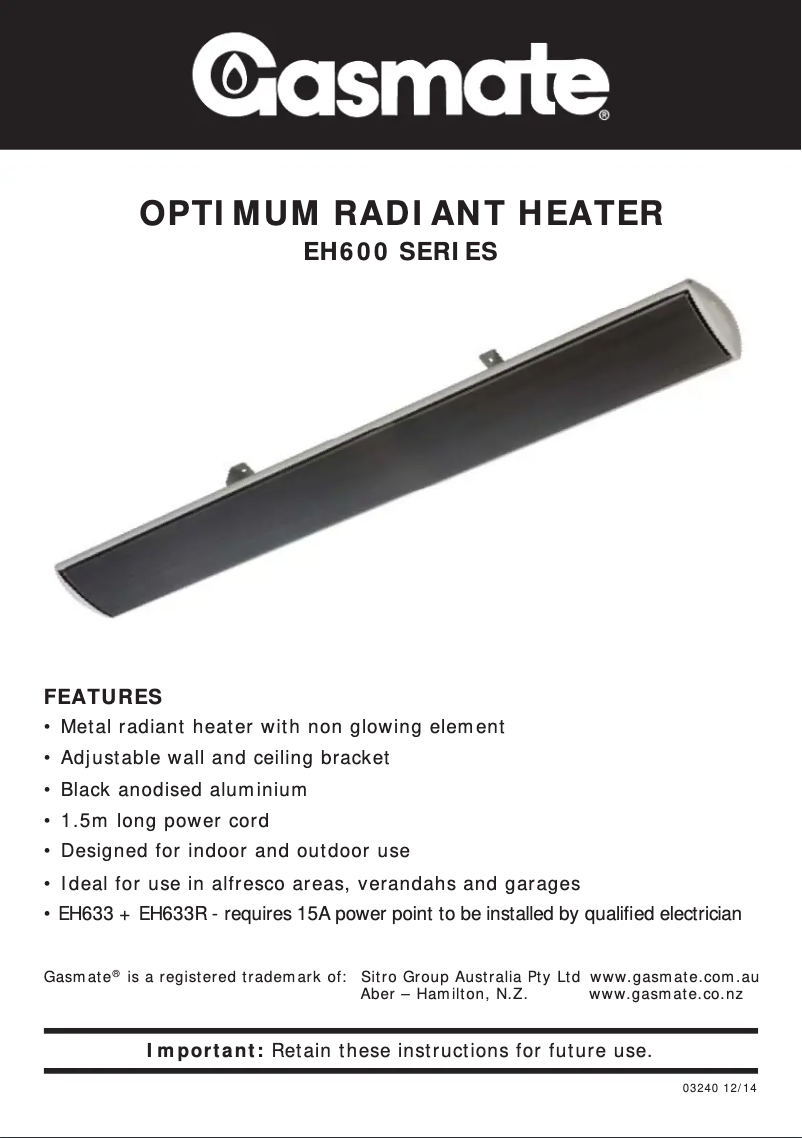 Page 1 de la notice Manuel utilisateur Gasmate EH623B