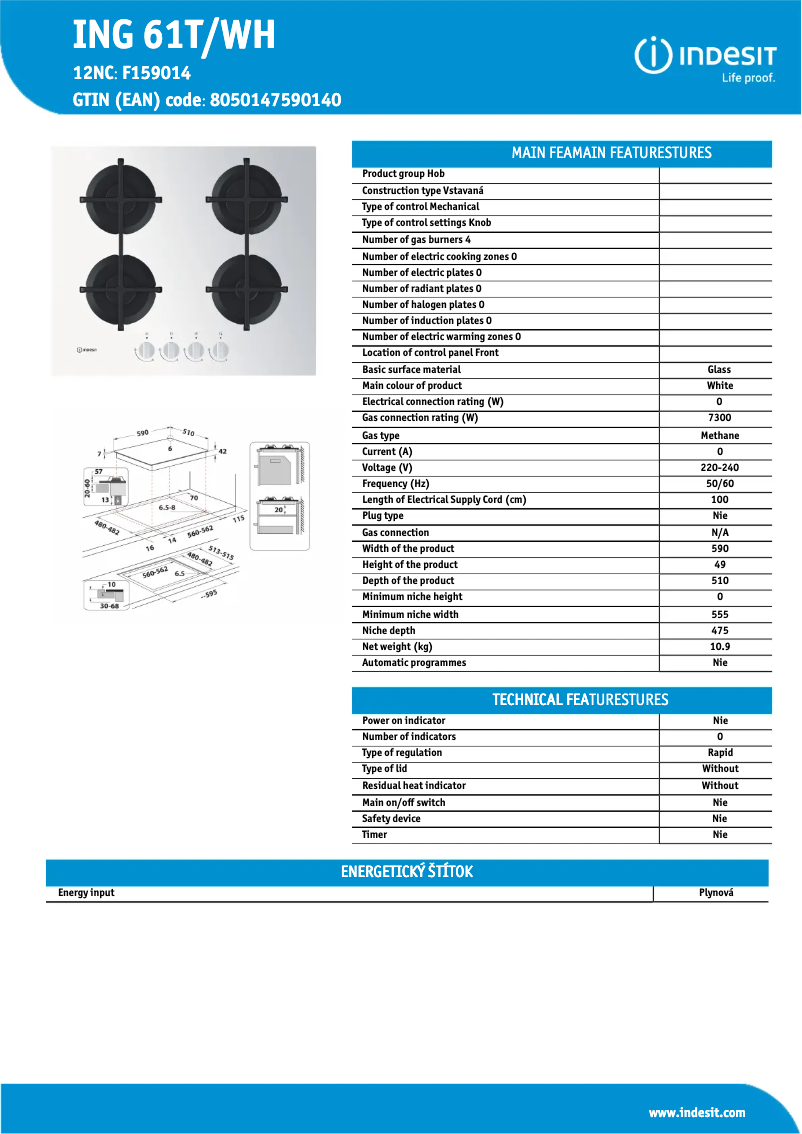 Page n°1 - Fiche technique Indesit ING 61T/WH