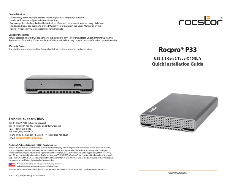 Página 1 del manual Guía de instalación Rocstor Rocpro P33