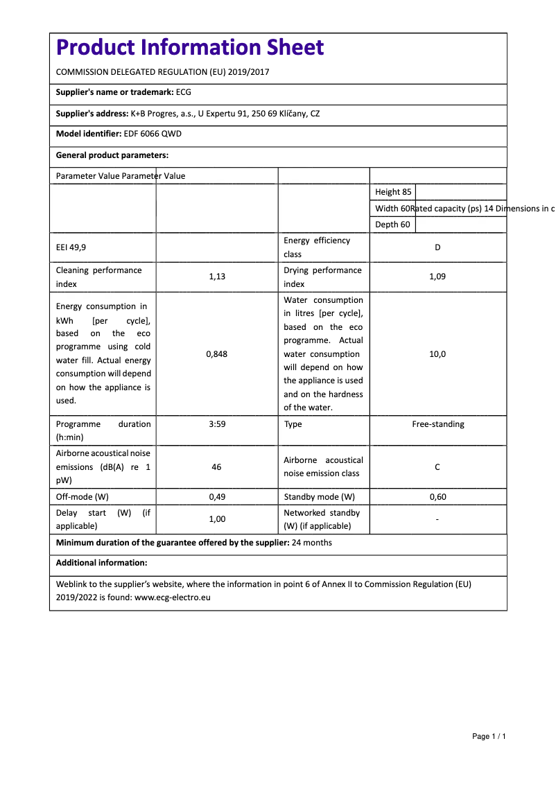Page 1 de la notice Fiche technique ECG EDF 6066 QWD