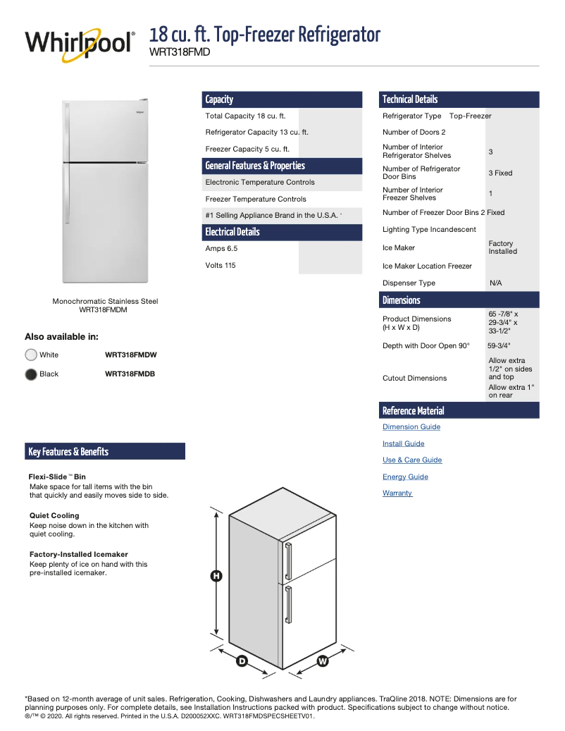 Page 1 de la notice Fiche technique Whirlpool WRT318FMDW