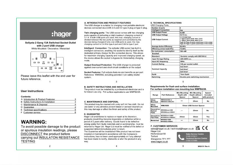Page 1 de la notice Manuel utilisateur Hager WPSS82W-USBAC