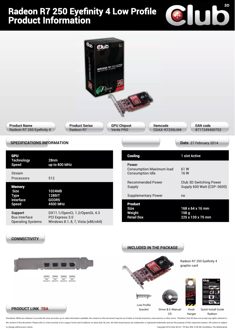 Page n°1 - Manuel utilisateur CLUB3D Radeon R7 250 Eyefinity4 lowProfile