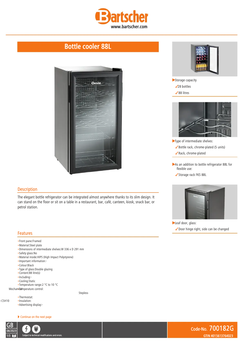 Page 1 de la notice Fiche technique Bartscher 700182G
