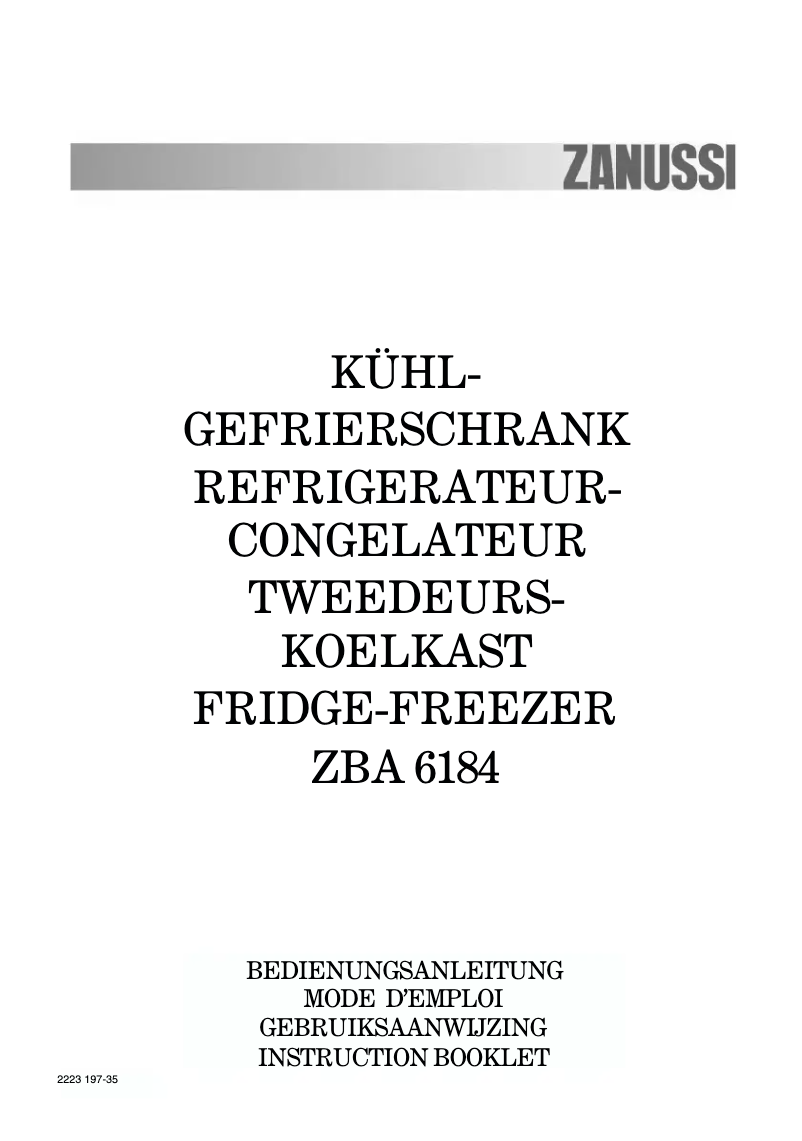 Page 1 de la notice Manuel utilisateur Zanussi ZBA 6184