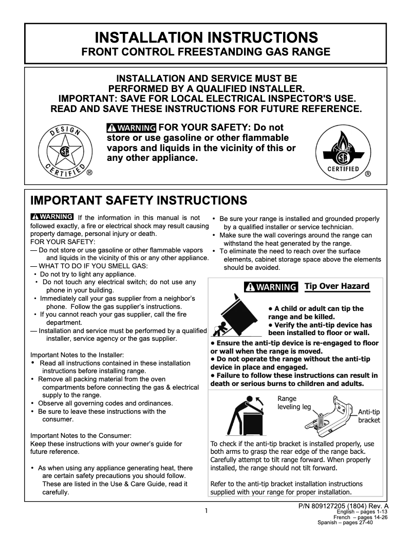 Page 1 de la notice Guide d'installation Frigidaire FFEH3054US