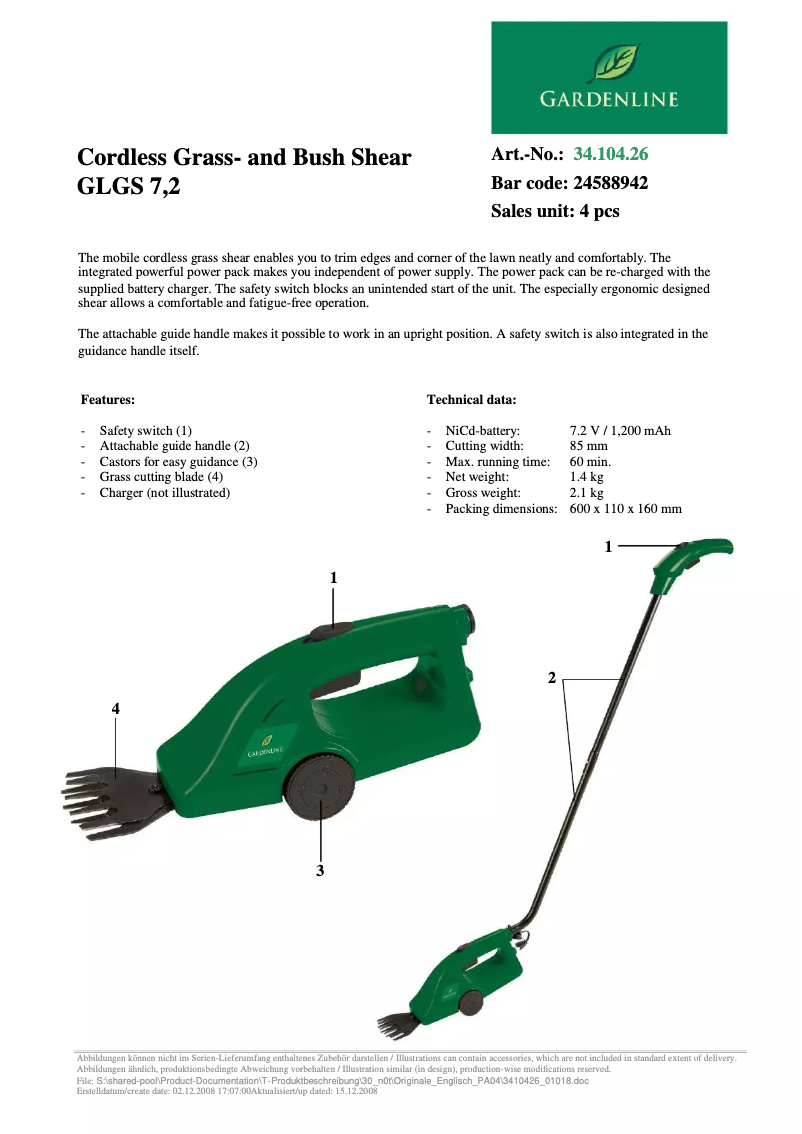Página 1 del manual Ficha técnica Gardenline GLGS 72