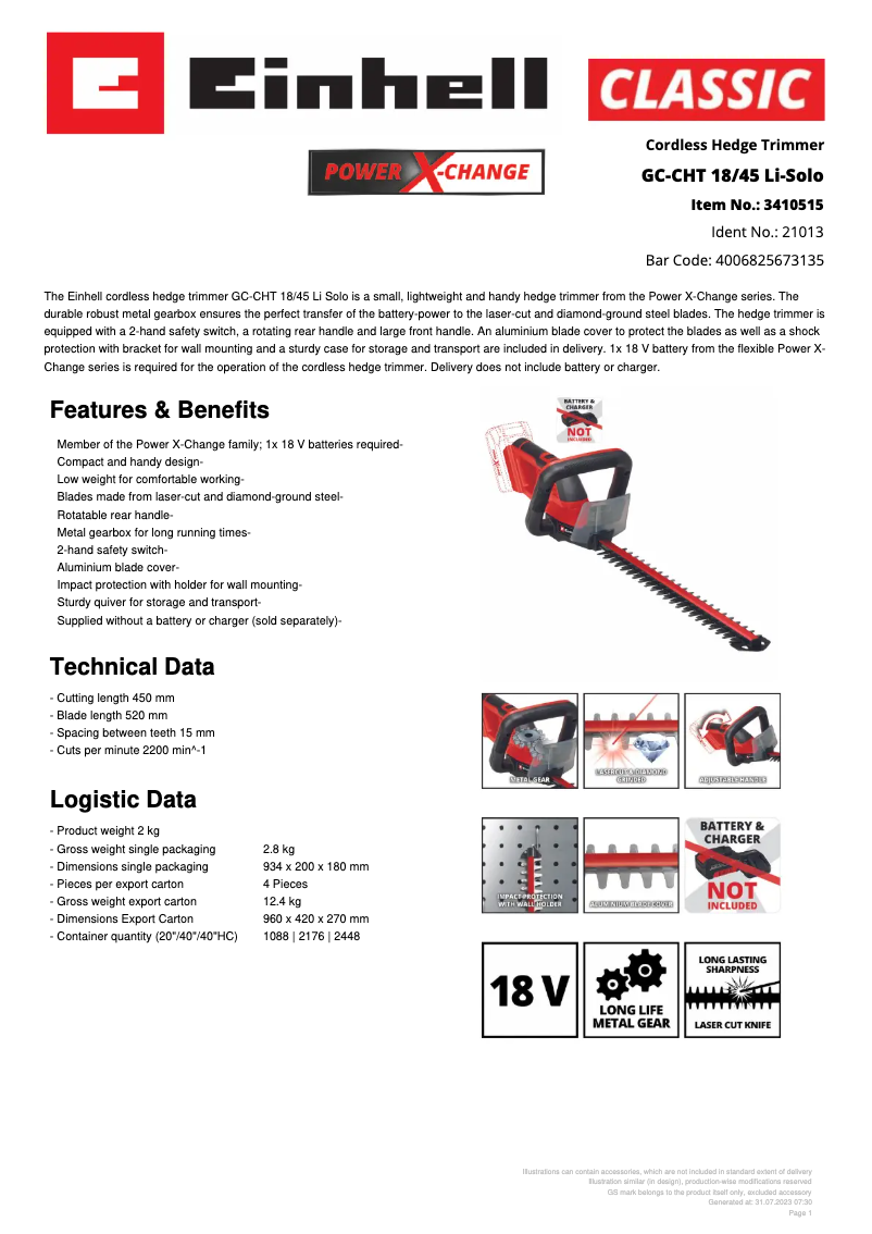 Page 1 de la notice Fiche technique Einhell GC-CHT 18/45 Li