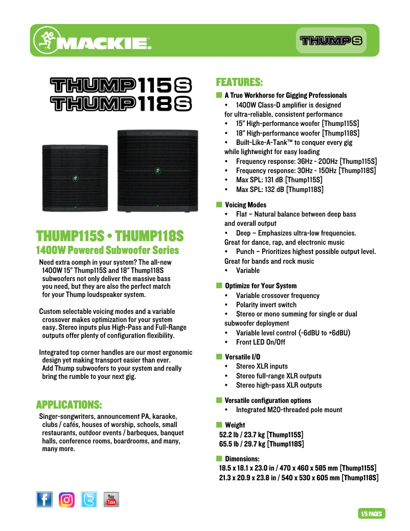 Page 1 de la notice Fiche technique Mackie Thump 115S