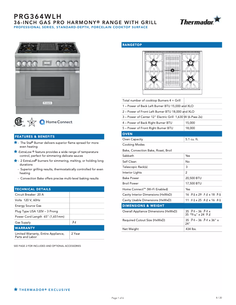 Page 1 de la notice Fiche technique Thermador PRG364WLH