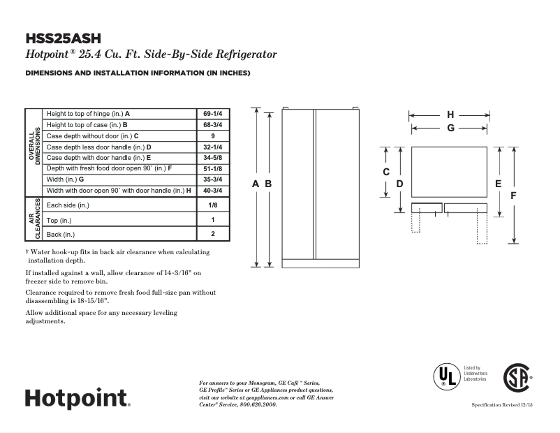 Page 1 de la notice Fiche technique Hotpoint HSS25ASHSS