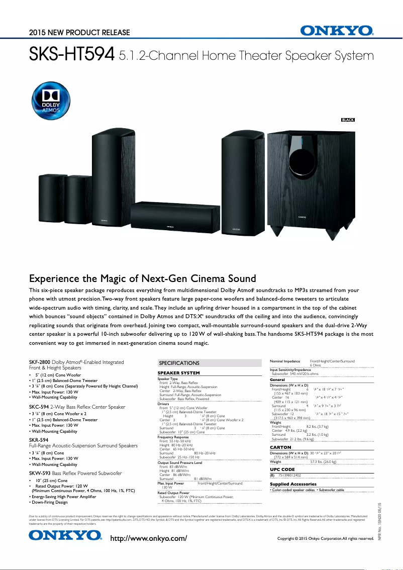 Page n°1 - Fiche technique Onkyo SKS-HT594