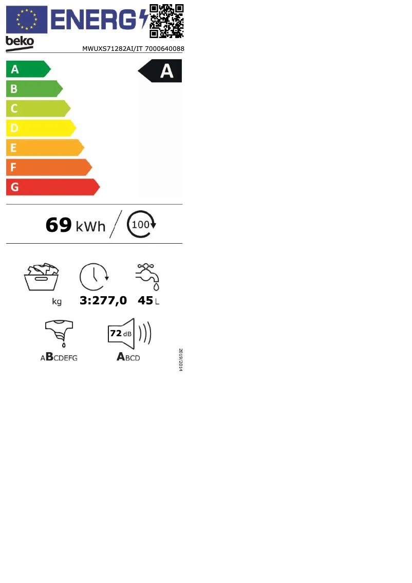 Page 1 de la notice Label énergétique Beko MWUXS71282AI/IT