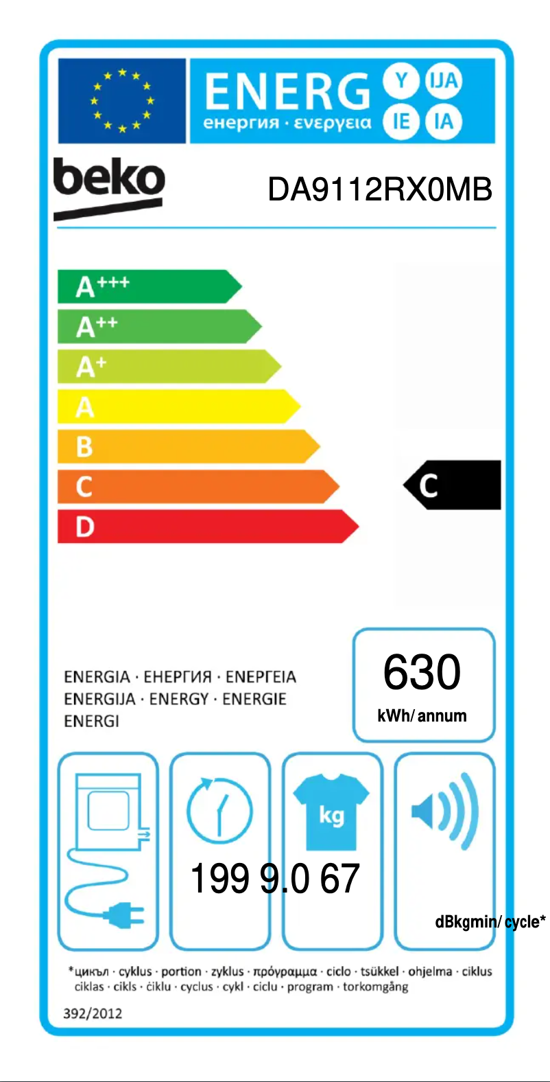Page 1 de la notice Label énergétique Beko DA9112RX0MB