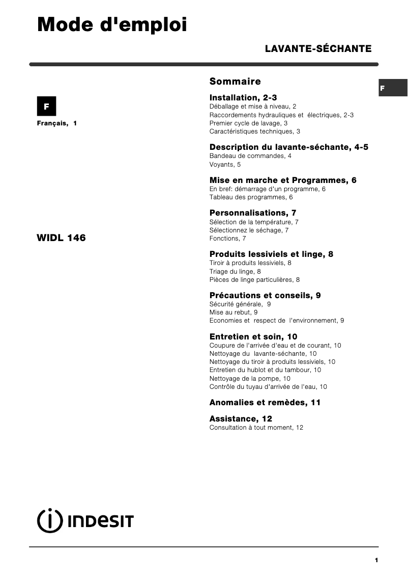 Image de la première page du manuel de l'appareil WIDL 146 (FR)