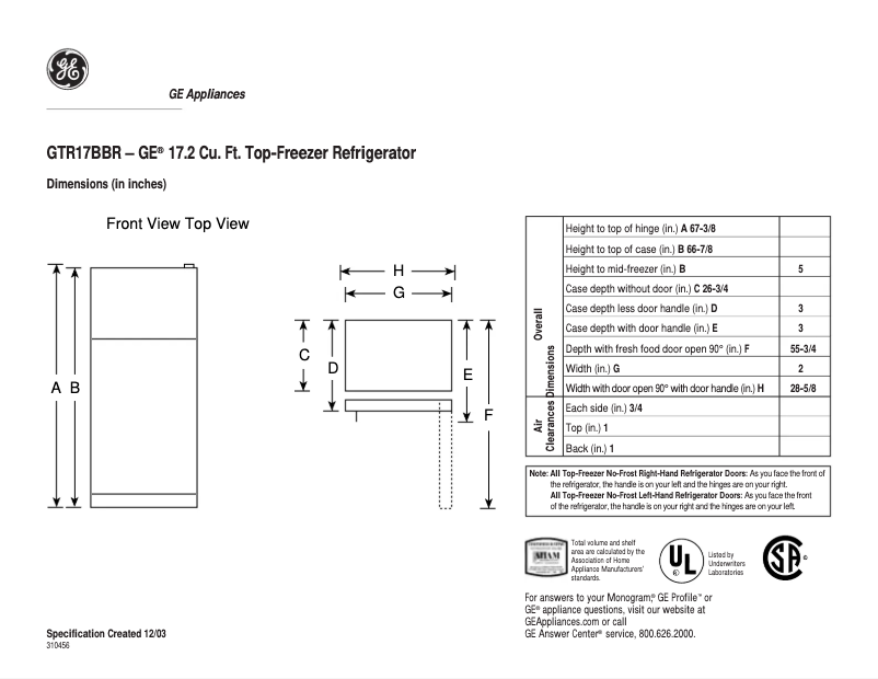 Page n°1 - Fiche technique GE GTR17BBRLCC