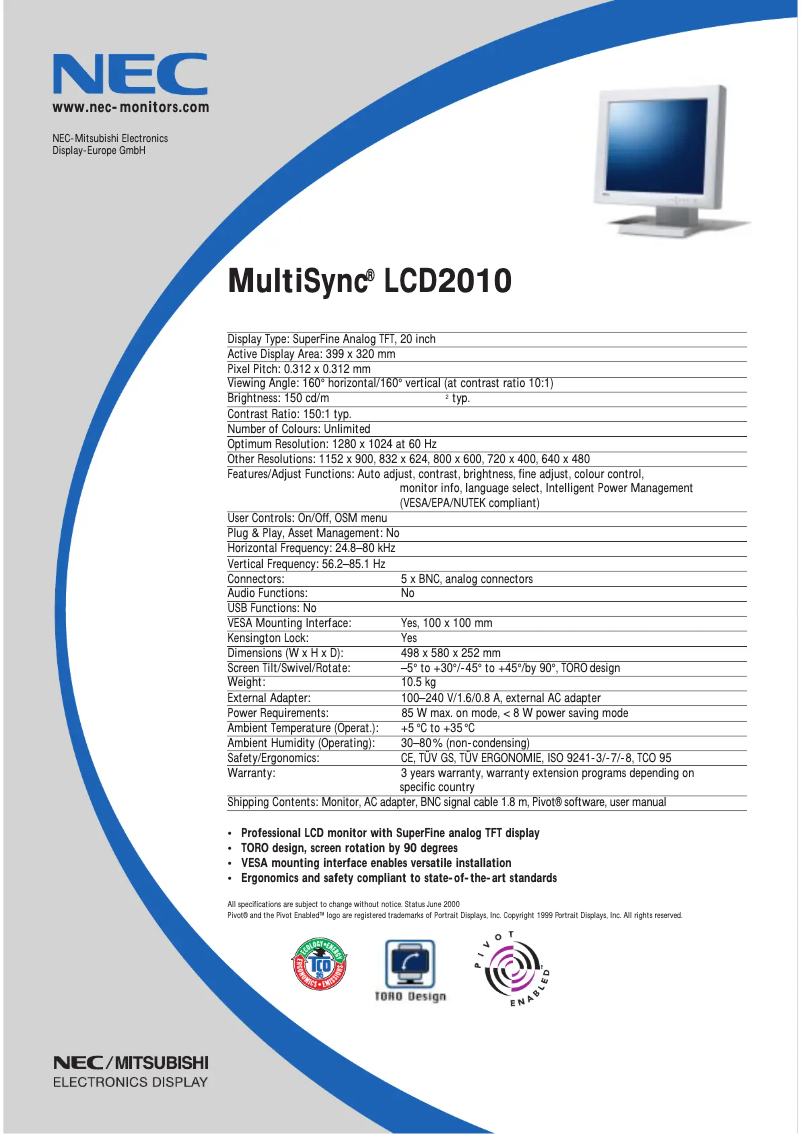 Página 1 del manual Ficha técnica NEC MultiSync LCD 2010